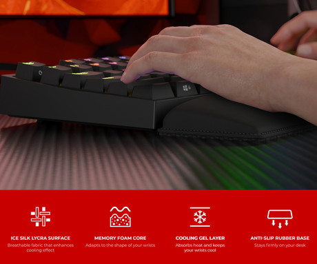 GENESIS RUBID 600 TKL podloga za zapestje, gaming / pisarniška / ergonomska, 355x88mm, Memory Foam spominska pena, Ice Silk Lycra tekstil, Cooling Gel plast, zaščiteni robovi, protizdrsna, črna