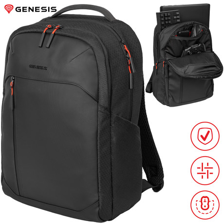 GENESIS PALLAD 480 univerzalni 2v1 nahrbtnik, za prenosnike do 16", 18L, potovalni / gaming, nastavljiv, trpežen, 9 žepov, prilagodljiv, ergonomska zasnova, vodoodporen, Trolley sistem, črn