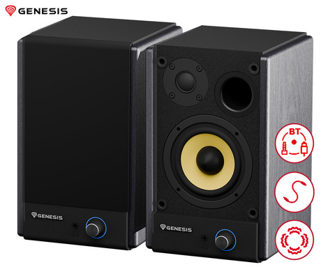 GENESIS ARSEN 402BT računalniški zvočniki, STEREO 2.0, 60W RMS, Bluetooth 5.3, 3.5" woofer + 0.75" tweeter, BassReflex funkcija, gumbi za upravljanje, RCA/Chinch, MDF les, črni (Classic Black)