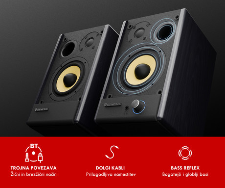 GENESIS ARSEN 402BT računalniški zvočniki, STEREO 2.0, 60W RMS, Bluetooth 5.3, 3.5" woofer + 0.75" tweeter, BassReflex funkcija, gumbi za upravljanje, RCA/Chinch, MDF les, črni (Classic Black)