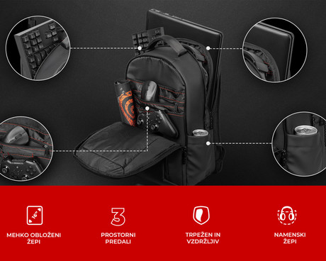 GENESIS PALLAD 510 univerzalni 2v1 nahrbtnik, za prenosnike do 17.3", 23L, potovalni / gaming, nastavljiv, trpežen, 15 žepov, prilagodljiv, ergonomska zasnova, vodoodporen, Trolley sistem, črn