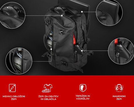 GENESIS PALLAD 570 univerzalni 2v1 nahrbtnik, za prenosnike do 17.3", 29L, potovalni / gaming, nastavljiv, trpežen, 11 žepov, prilagodljiv, ergonomska zasnova, vodoodporen, Trolley sistem, črn