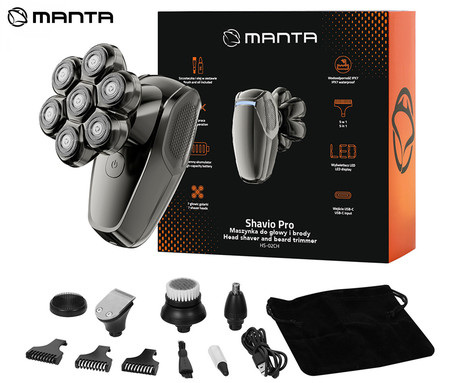 MANTA SHAVIO PRO HS-02CH brezžični strižnik, za obraz / glavo / telo, 8 nastavkov, rezila iz titana, polnilna baterija, LED zaslon, IPX7 vodoodpornost, USB Type-C, +dodatki, srebrn (Midnight Chrome)