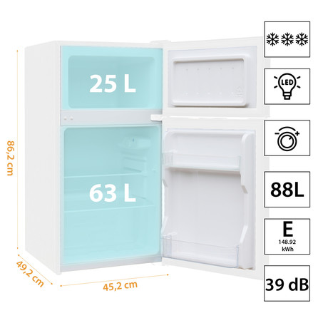 MANTA MM545D kombinirani hladilnik z zamrzovalnikom, 88L, 6-stopenjski nadzor temperature, učinkovito hlajenje, nastavljive nogice / stran odpiranja, 86.2x45.2x49.2cm, bel (Pure White)