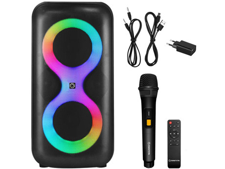 MANTA SPK0401B100 ERIS prenosni KARAOKE zvočnik, Bluetooth 5.3, 100W, TWS, X-BASS, polnilna baterija, RGB LED osvetlitev, USB / microSD / AUX / MIC-in, +mikrofon, +daljinec, črn