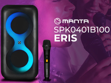 MANTA SPK0401B100 ERIS prenosni KARAOKE zvočnik, Bluetooth 5.3, 100W, TWS, X-BASS, polnilna baterija, RGB LED osvetlitev, USB / microSD / AUX / MIC-in, +mikrofon, +daljinec, črn
