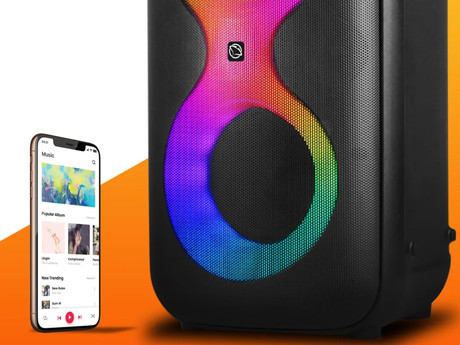 MANTA SPK0401B100 ERIS prenosni KARAOKE zvočnik, Bluetooth 5.3, 100W, TWS, X-BASS, polnilna baterija, RGB LED osvetlitev, USB / microSD / AUX / MIC-in, +mikrofon, +daljinec, črn