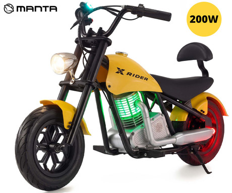 MANTA XRIDER CRUISER 12 PRO otroški električni motor, 12" gume, 200W motor, 15km doseg, 144Wh 36V 4Ah baterija, izpušna cev, bobnasta zavora, LCD zaslon, RGB LED osvetlitev, črno-rumen (Volt Yellow)