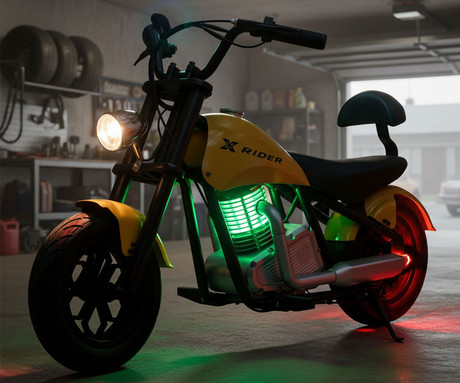 MANTA XRIDER CRUISER 12 PRO otroški električni motor, 12" gume, 200W motor, 15km doseg, 144Wh 36V 4Ah baterija, izpušna cev, bobnasta zavora, LCD zaslon, RGB LED osvetlitev, črno-rumen (Volt Yellow)