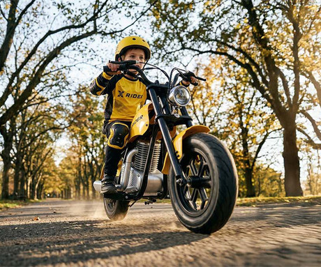 MANTA XRIDER CRUISER 12 PRO otroški električni motor, 12" gume, 200W motor, 15km doseg, 144Wh 36V 4Ah baterija, izpušna cev, bobnasta zavora, LCD zaslon, RGB LED osvetlitev, črno-rumen (Volt Yellow)