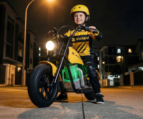 MANTA XRIDER CRUISER 12 PRO otroški električni motor, 12" gume, 200W motor, 15km doseg, 144Wh 36V 4Ah baterija, izpušna cev, bobnasta zavora, LCD zaslon, RGB LED osvetlitev, črno-rumen (Volt Yellow)