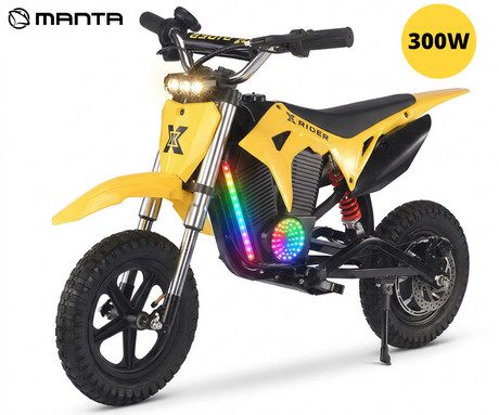 MANTA XRIDER CROSS 12 PRO otroški električni motor, 12" gume, 300W motor, 15km doseg, 144Wh 36V 4Ah baterija, vzmetenje, disk zavora, LCD zaslon, RGB LED osvetlitev, črno-rumen (Volt Yellow)