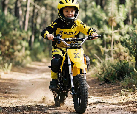 MANTA XRIDER CROSS 12 PRO otroški električni motor, 12" gume, 300W motor, 15km doseg, 144Wh 36V 4Ah baterija, vzmetenje, disk zavora, LCD zaslon, RGB LED osvetlitev, črno-rumen (Volt Yellow)