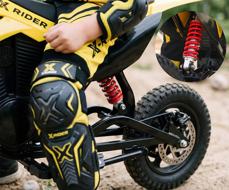 MANTA XRIDER CROSS 12 PRO otroški električni motor, 12" gume, 300W motor, 15km doseg, 144Wh 36V 4Ah baterija, vzmetenje, disk zavora, LCD zaslon, RGB LED osvetlitev, črno-rumen (Volt Yellow)