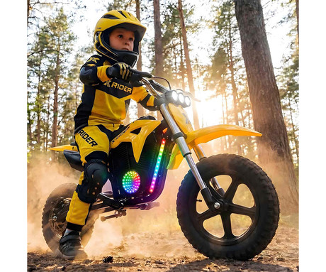 MANTA XRIDER CROSS 12 PRO otroški električni motor, 12" gume, 300W motor, 15km doseg, 144Wh 36V 4Ah baterija, vzmetenje, disk zavora, LCD zaslon, RGB LED osvetlitev, črno-rumen (Volt Yellow)
