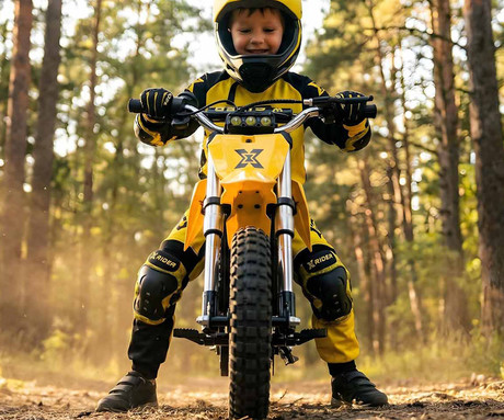 MANTA XRIDER CROSS 12 PRO otroški električni motor, 12" gume, 300W motor, 15km doseg, 144Wh 36V 4Ah baterija, vzmetenje, disk zavora, LCD zaslon, RGB LED osvetlitev, črno-rumen (Volt Yellow)