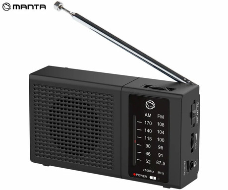 MANTA MARDI120 COSTA radijski sprejemnik, FM / AM Radio, RETRO izgled, kompaktne dimenzije, električno ali baterijsko napajanje, 3.5mm minijack, USB Type-C, črn (Matte Black)