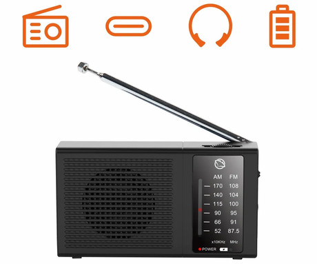 MANTA MARDI120 COSTA radijski sprejemnik, FM / AM Radio, RETRO izgled, kompaktne dimenzije, električno ali baterijsko napajanje, 3.5mm minijack, USB Type-C, črn (Matte Black)