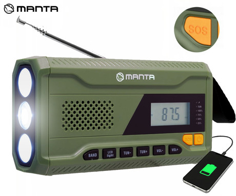 MANTA RDI401G DYNAMO radijski sprejemnik, 3v1, FM Radio, RETRO izgled, 4500mAh polnilna baterija, solarno / dinamo polnjenje, LED svetilka, SOS alarm, USB Type-C, zelen (Ranger Green)