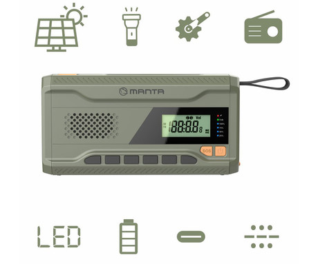 MANTA RDI401G DYNAMO radijski sprejemnik, 3v1, FM Radio, RETRO izgled, 4500mAh polnilna baterija, solarno / dinamo polnjenje, LED svetilka, SOS alarm, USB Type-C, zelen (Ranger Green)