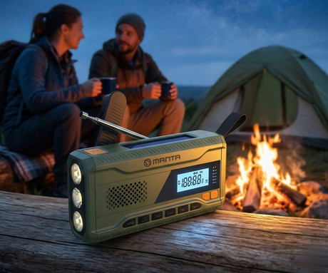 MANTA RDI401G DYNAMO radijski sprejemnik, 3v1, FM Radio, RETRO izgled, 4500mAh polnilna baterija, solarno / dinamo polnjenje, LED svetilka, SOS alarm, USB Type-C, zelen (Ranger Green)