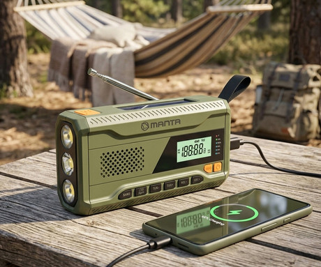 MANTA RDI401G DYNAMO radijski sprejemnik, 3v1, FM Radio, RETRO izgled, 4500mAh polnilna baterija, solarno / dinamo polnjenje, LED svetilka, SOS alarm, USB Type-C, zelen (Ranger Green)