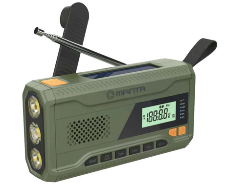MANTA RDI401G DYNAMO radijski sprejemnik, 3v1, FM Radio, RETRO izgled, 4500mAh polnilna baterija, solarno / dinamo polnjenje, LED svetilka, SOS alarm, USB Type-C, zelen (Ranger Green)