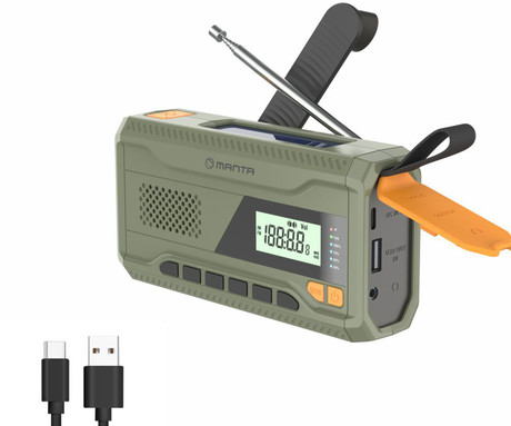 MANTA RDI401G DYNAMO radijski sprejemnik, 3v1, FM Radio, RETRO izgled, 4500mAh polnilna baterija, solarno / dinamo polnjenje, LED svetilka, SOS alarm, USB Type-C, zelen (Ranger Green)