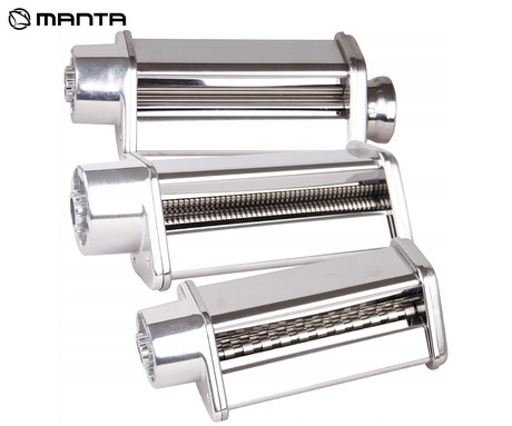 MANTA LOVIO Pasta Set nastavki za izdelavo testenin, kompatibilni z LVSTM02P ChefAssistant Plus, 3 različni nastavki, valjar / nastavek za rezance / nastavek za špagete, nerjaveče jeklo, srebrni
