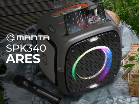 MANTA SPK340 ARES prenosni Boombox zvočnik, Bluetooth, 100W, TWS, polnilna baterija, RGB LED osvetlitev, IPX5 vodoodpornost, USB / AUX / microSD / MIC, +mikrofon, črn (Phantom Black)