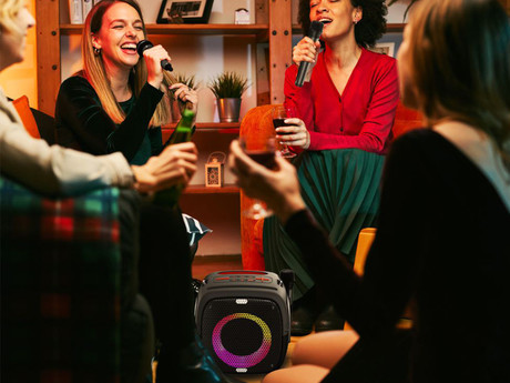 MANTA SPK340 ARES prenosni Boombox zvočnik, Bluetooth, 100W, TWS, polnilna baterija, RGB LED osvetlitev, IPX5 vodoodpornost, USB / AUX / microSD / MIC, +mikrofon, črn (Phantom Black)