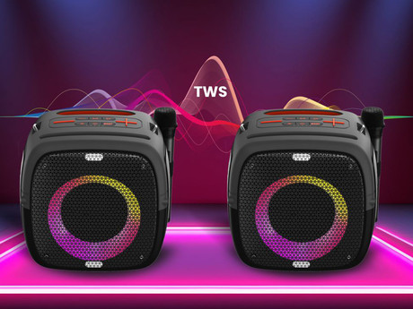 MANTA SPK340 ARES prenosni Boombox zvočnik, Bluetooth, 100W, TWS, polnilna baterija, RGB LED osvetlitev, IPX5 vodoodpornost, USB / AUX / microSD / MIC, +mikrofon, črn (Phantom Black)