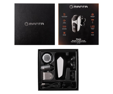 MANTA SHAVIO HS-01BK brezžični strižnik, za obraz / glavo / telo, 8 nastavkov, natančna rezila, polnilna baterija, LED zaslon, IPX7 vodoodpornost, USB Type-C, črno-srebrn (Graphite Black)