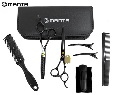 MANTA HTK-01S profesionalni frizerski / brivski komplet, 10 kos, za lase / brado, 2x škarje, 2x glavnik, nerjaveče jeklo, lasersko brušena rezila, + etui, črn (Graphite Black)