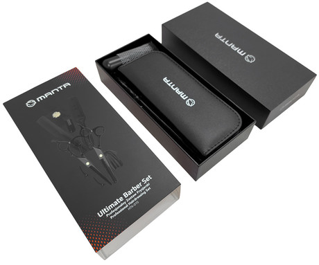 MANTA HTK-01S profesionalni frizerski / brivski komplet, 10 kos, za lase / brado, 2x škarje, 2x glavnik, nerjaveče jeklo, lasersko brušena rezila, + etui, črn (Graphite Black)