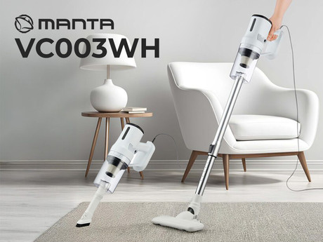 MANTA VC003WH pokončni sesalnik, 2v1, 600W, 16kPa, 1L posoda za prah, ciklonska tehnologija, teleskopska cev, 2 nastavka, 5m kabel, ultra lahka teža, tiho delovanje, +dodatki, bel (Pure White)