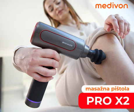 MEDIVON GUN PRO X2 masažna pištola / naprava, profesionalna, 25W, 6 načinov, 6 nastavkov, 2000mAh polnilna baterija, LCD zaslon, sproščanje / raztezanje / regeneracija / terapija, USB Type-C, +torbica