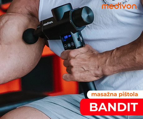 MEDIVON GUN BANDIT masažna pištola / naprava, profesionalna, 60W, 30 hitrosti, 14 nastavkov + utež, velika polnilna baterija, LCD zaslon, sproščanje / raztezanje / regeneracija / terapija, +torbica