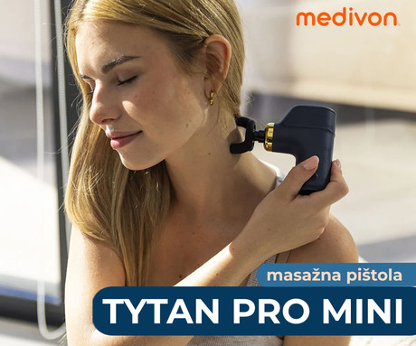 MEDIVON GUN TYTAN PRO MINI masažna pištola / naprava, profesionalna, 5 hitrosti, 4 nastavki, 800mAh polnilna baterija, sproščanje / raztezanje / regeneracija / terapija, USB Type-C, timer, +torbica