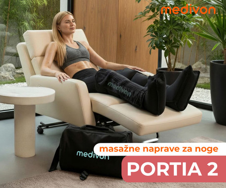 MEDIVON PORTIA 2 kompresijska masažna naprava za noge, limfna / profesionalna, sproščanje / raztezanje / regeneracija, 6 načinov, 6 intenzivnosti, 4 zračne komore, SmartPressure, daljinec, timer