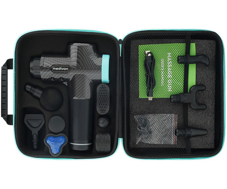 MEDIVON GUN ACTIVE X masažna pištola / naprava, univerzalna, 30W, 30 hitrosti, 10 nastavkov, 1500mAh polnilna baterija, LCD zaslon, sproščanje / raztezanje / regeneracija, USB Type-C, +torbica
