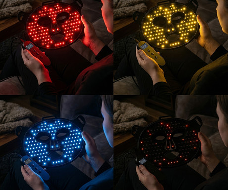 MEDIVON LUMI maska za LED svetlobno terapijo, profesionalna / medicinska, regeneracija / Red Light Therapy, polnilna baterija, 488 LED diod, 6 načinov, 3 intenzivnosti, daljinec, timer, elastični trak