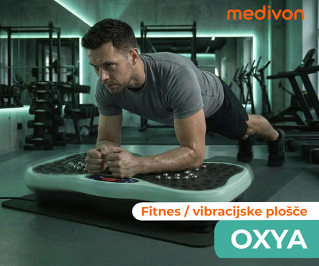 MEDIVON OXYA fitnes vibracijska plošča / naprava, profesionalna, 200W, 5 načinov, 120 stopenj intenzivnosti, vadbene vrvi, nezdrsna površina, LED zaslon, vadba / masaža / raztezanje, daljinec, timer