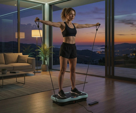 MEDIVON OXYA fitnes vibracijska plošča / naprava, profesionalna, 200W, 5 načinov, 120 stopenj intenzivnosti, vadbene vrvi, nezdrsna površina, LED zaslon, vadba / masaža / raztezanje, daljinec, timer