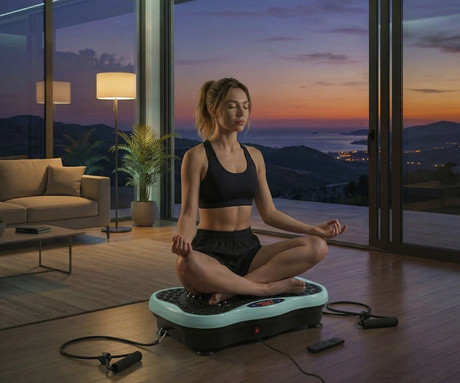 MEDIVON OXYA fitnes vibracijska plošča / naprava, profesionalna, 200W, 5 načinov, 120 stopenj intenzivnosti, vadbene vrvi, nezdrsna površina, LED zaslon, vadba / masaža / raztezanje, daljinec, timer