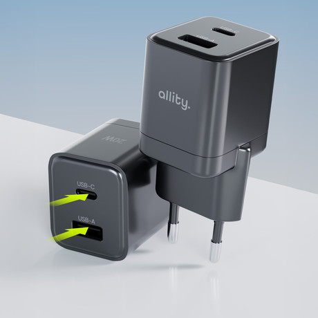 ALLITY ATC-01 GaN polnilec, 30W, 1x USB Type-C, 1x USB Type-A, črn