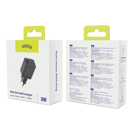 ALLITY ATC-01 GaN polnilec, 30W, 1x USB Type-C, 1x USB Type-A, črn