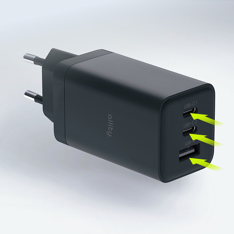 ALLITY ATC-01 GaN polnilec, 65W, 2x USB Type-C, 1x USB Type-A, črn