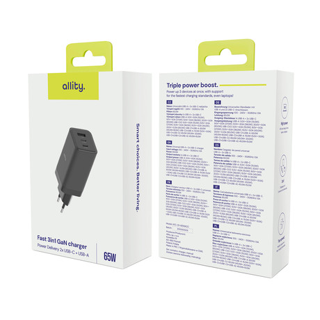 ALLITY ATC-01 GaN polnilec, 65W, 2x USB Type-C, 1x USB Type-A, črn