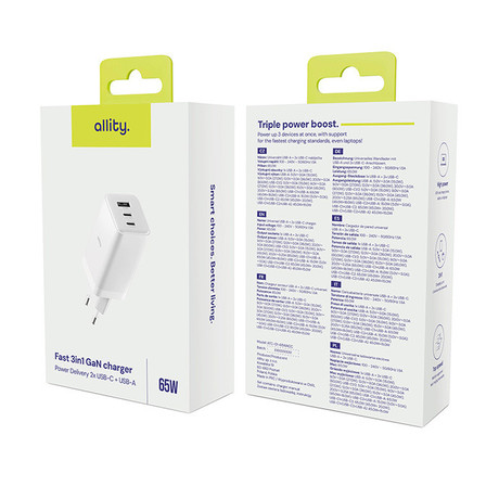 ALLITY ATC-01 GaN polnilec, 65W, 2x USB Type-C, 1x USB Type-A, bel